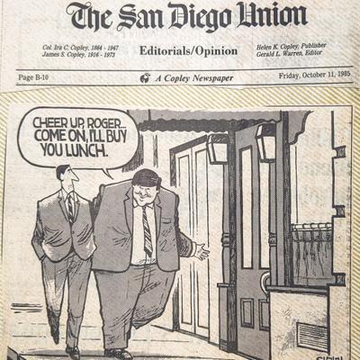 An old comic snippet from a 1985 newspaper showing a man offering lunch