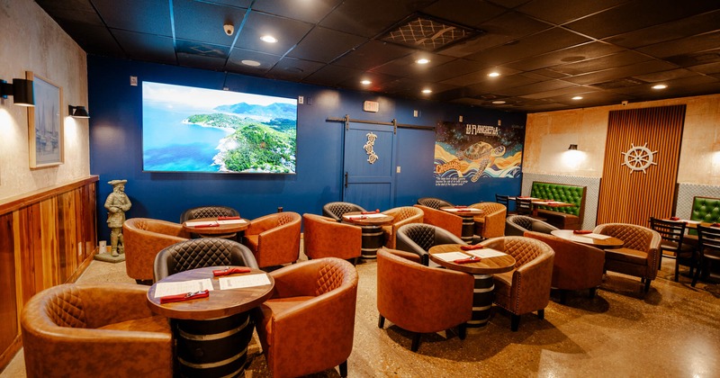 Interior, armchairs and tables, big TV on the wall