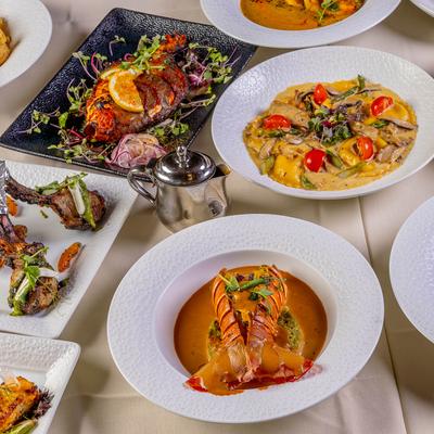 Various dishes on a table.
