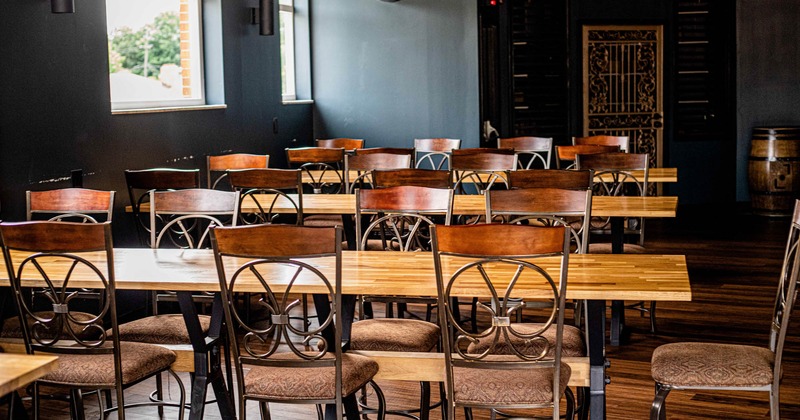 Interior, lined up tables and seats
