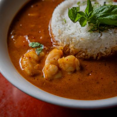 Cajun Curry with shrimp, rice, and basil.