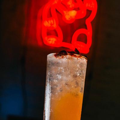Orange drink beneath a glowing red restaurant sign.