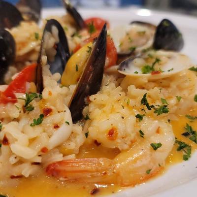 Seafood with risotto.