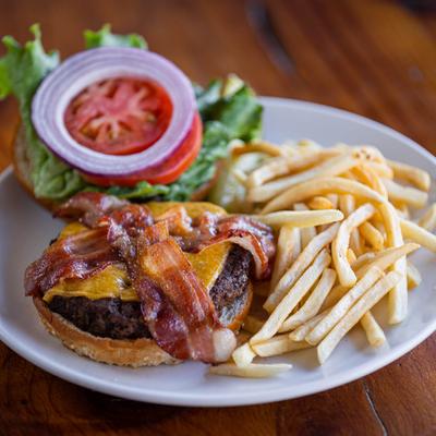 Burger, fries and salad