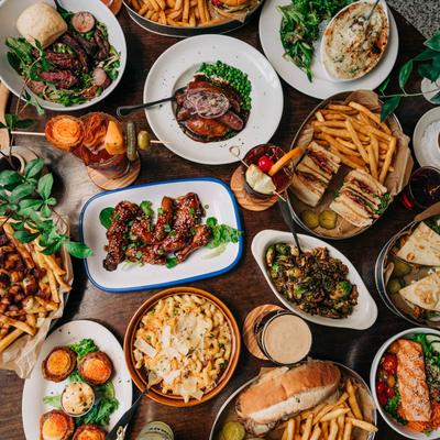 Various served meals, top view.