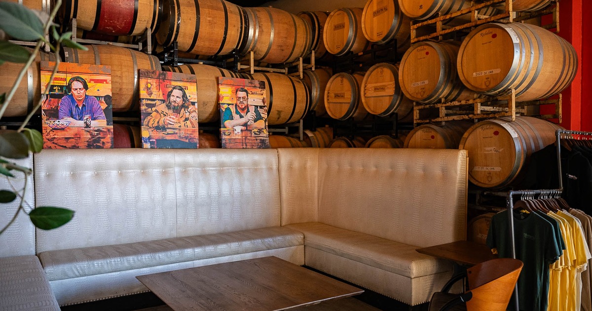 Interior, seating bench with barrels behind