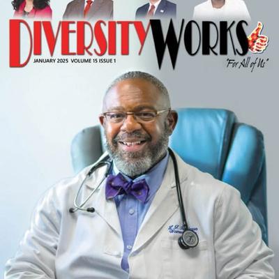 Cover of 'Diversity Works' magazine featuring a doctor in a white lab coat and bowtie.