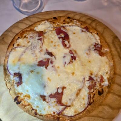 Pizzetta Tre Formaggio with Prosciutto.