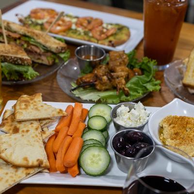 Various served meals and drinks.