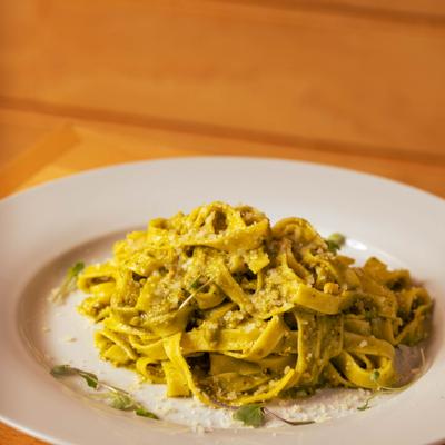 Tagliatelle with pesto sauce.