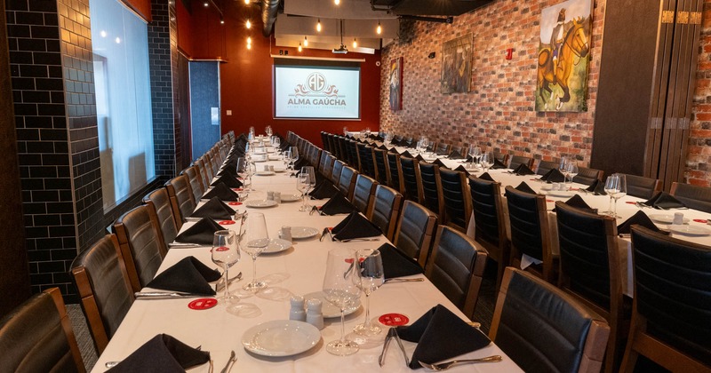 Interior, long dining tables and chairs