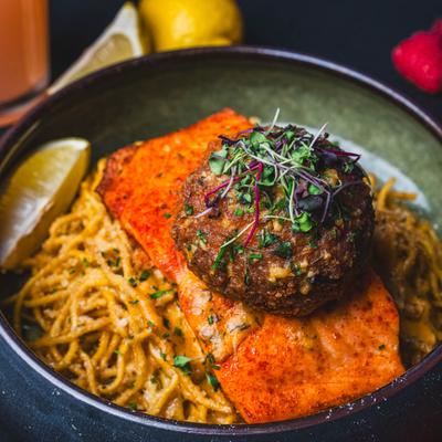 Salmon Crab Cake Noodles.