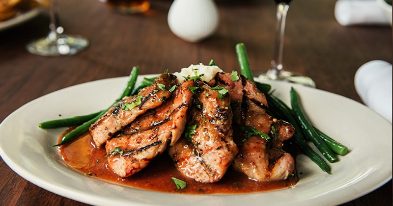 Plum Pork dish with mashed potatoes and hert coverts