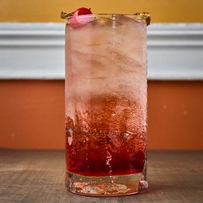 Iced sparkling drink in a tall glass.