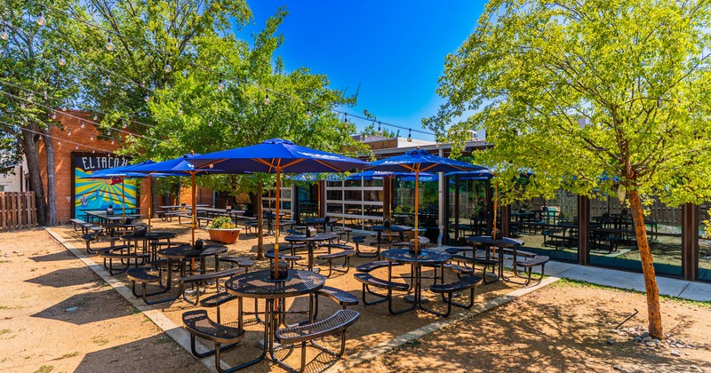 Exterior, tables, chairs and parasols