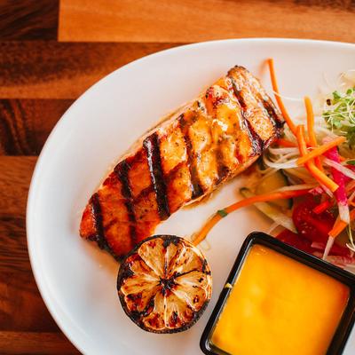 Grilled Salmon, root vegetables, grilled lemon and Dashi