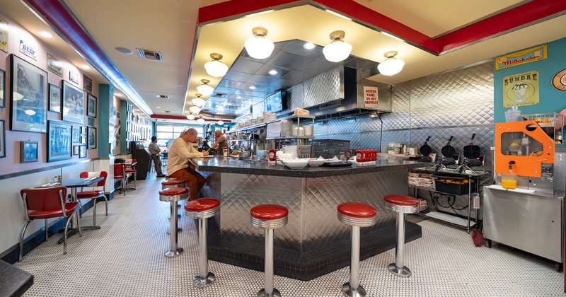 1950s restaurant interior, seating area, dining booths