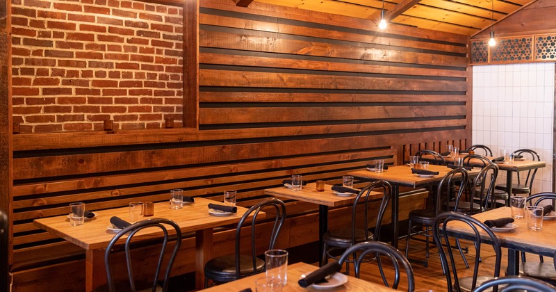 Interior, chairs and tables set for guests