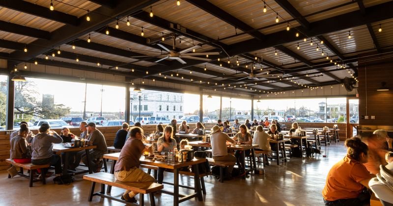 Exterior, customers in covered patio area