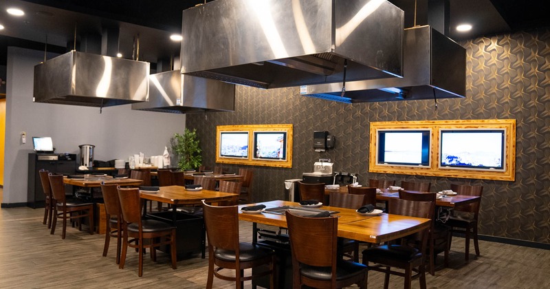 Interior, dining area, tables ready for guests