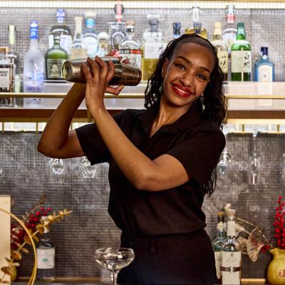 Bartender shaking a metal cocktail shaker.