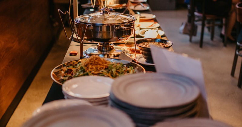 Buffet table with various food