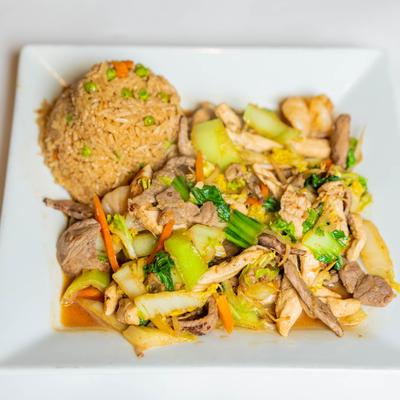 Fried rice, with beef, chicken, shrimp, Vietnamese sausage, and veggies.