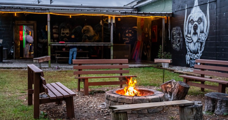 Outdoor seating, benches around firepit