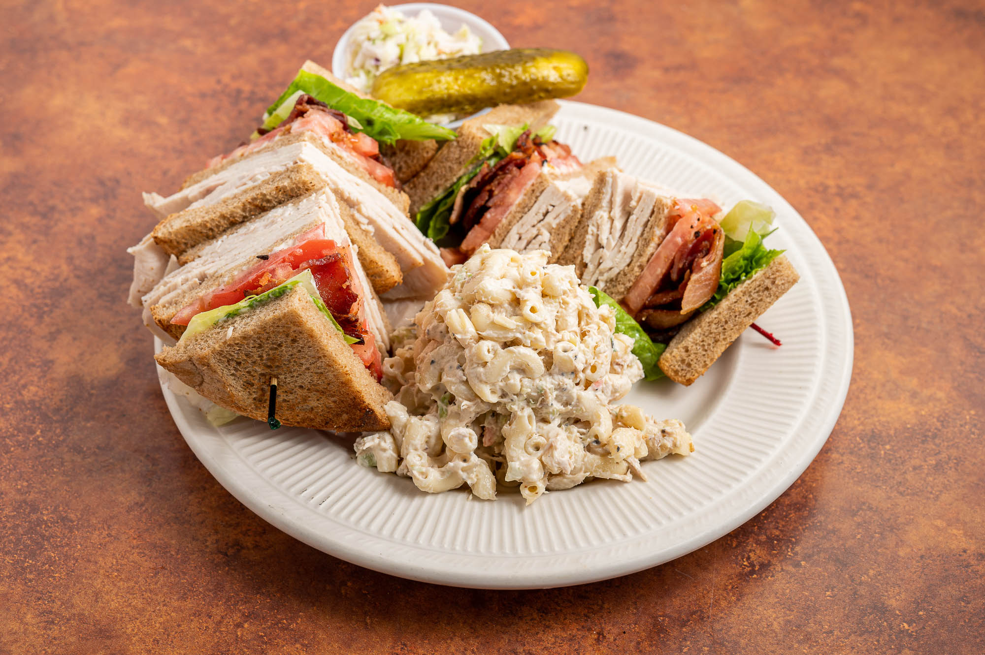 Turkey and BLT Club sandwich, with pasta salad