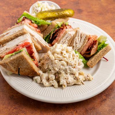 Turkey and BLT Club sandwich, with pasta salad.