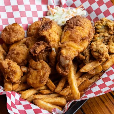 Fried seafood and fries.