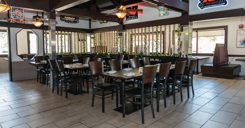Dining space, tables ready for guests