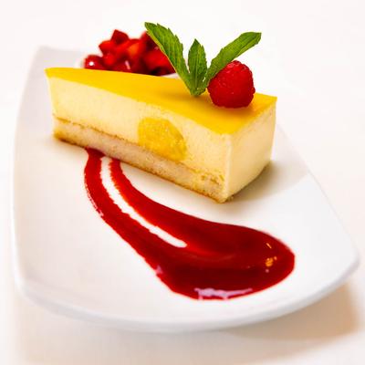 Citrus cake, with raspberry sauce.