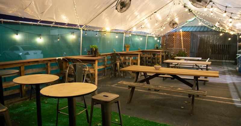 Inside, picnic tables, tables, chairs