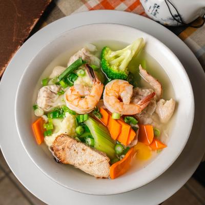 Wor Wonton Soup with shrimp, BBQ pork and variety of vegetables.