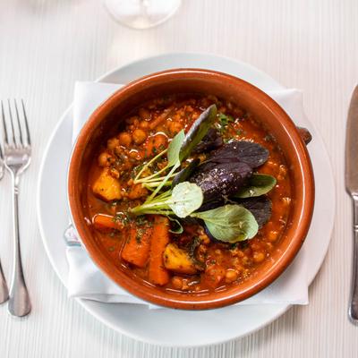Vegetable Harira Soup, with chickpeas, carrots, and rice