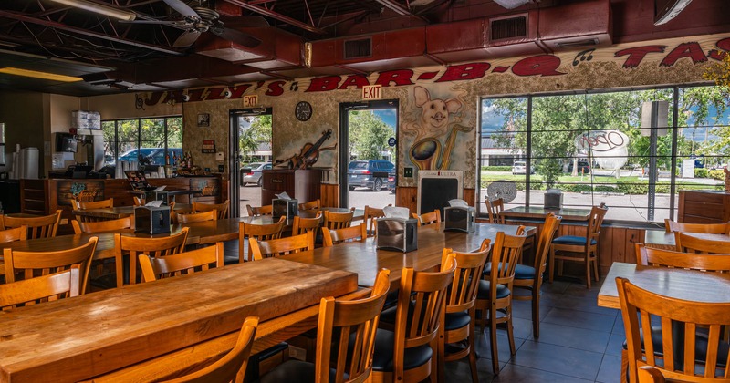 Interior, wooden tables and chairs in dining area