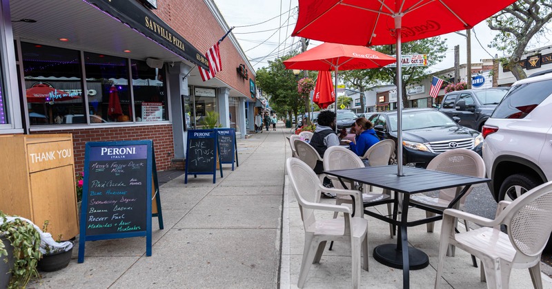 Exterior, tables, chairs and parasols