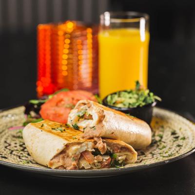 Breakfast Burrito and orange juice.
