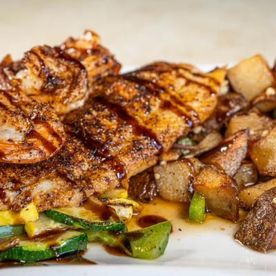 Blackened fish and shrimp.