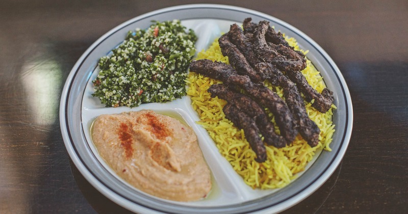 Steak Shawarma plate, hummus, quinoa salad and yellow rice