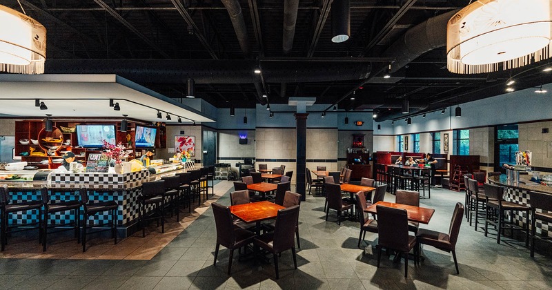Interior, dining tables ready for guests