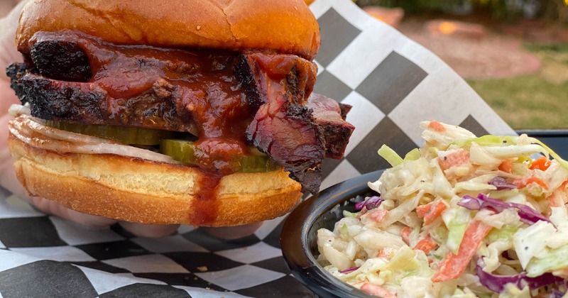 BBQ brisket sandwich and coleslaw