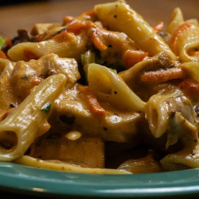 Blackened chicken penne pasta in a spicy Cajun cream sauce with broccoli, carrots, and mushrooms.