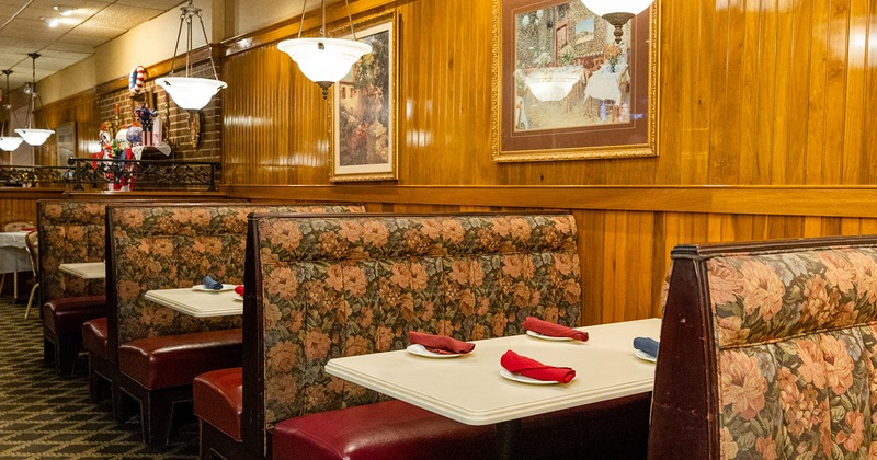 Interior, restaurant booths ready for guests