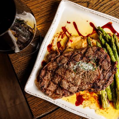 Angus Reserve Delmonico steak, top view.