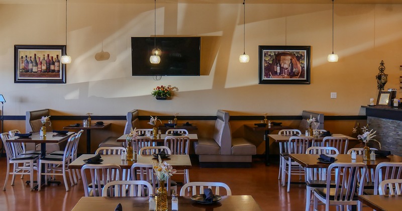 Diner area, tables and chairs, wide view