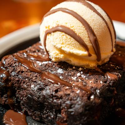 Chocolate brownie topped with a scoop of ice cream and chocolate sauce.