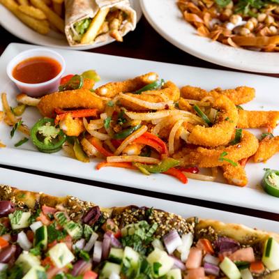 Crispy calamari with spices, various dishes.