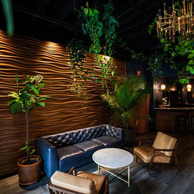Leather sofa, chairs, and a coffee table.